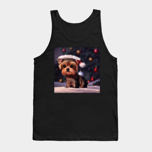 Yorkshire Terrier Christmas Puppy Dog In Santa Hat Tank Top by Geminiartstudio